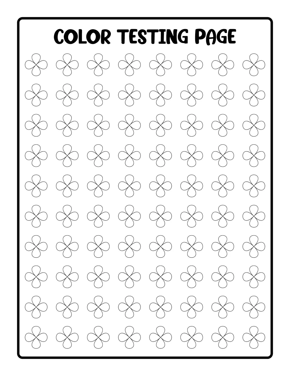Color testing page: students try out crayons, markers or pencils on rows of four-petal flower outlines before coloring