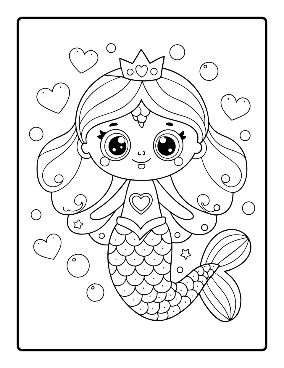 Kawaii mermaid coloring picture: a big-eyed mermaid princess in a heart crown, with hearts and bubbles floating around her