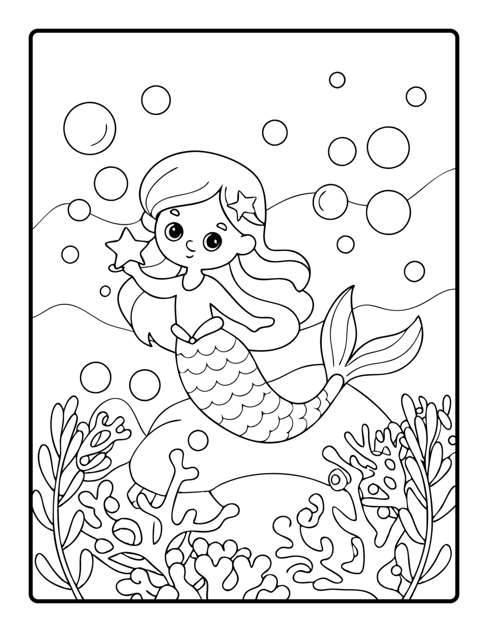 Underwater mermaid coloring scene: a smiling mermaid holds a starfish above coral and seaweed, with bubbles overhead