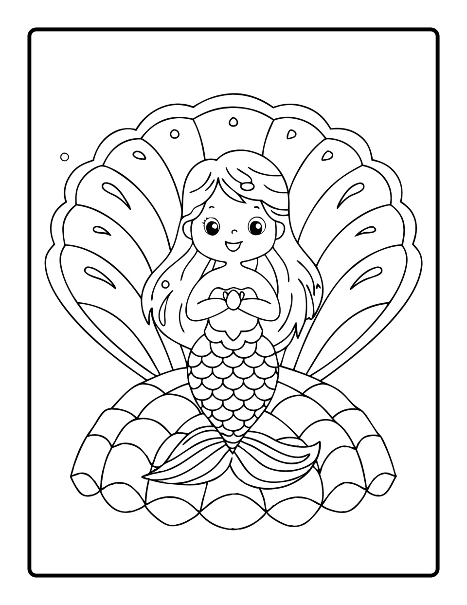 Seashell mermaid coloring picture: a little mermaid sits in an open scallop shell, hugging a pearl to her chest