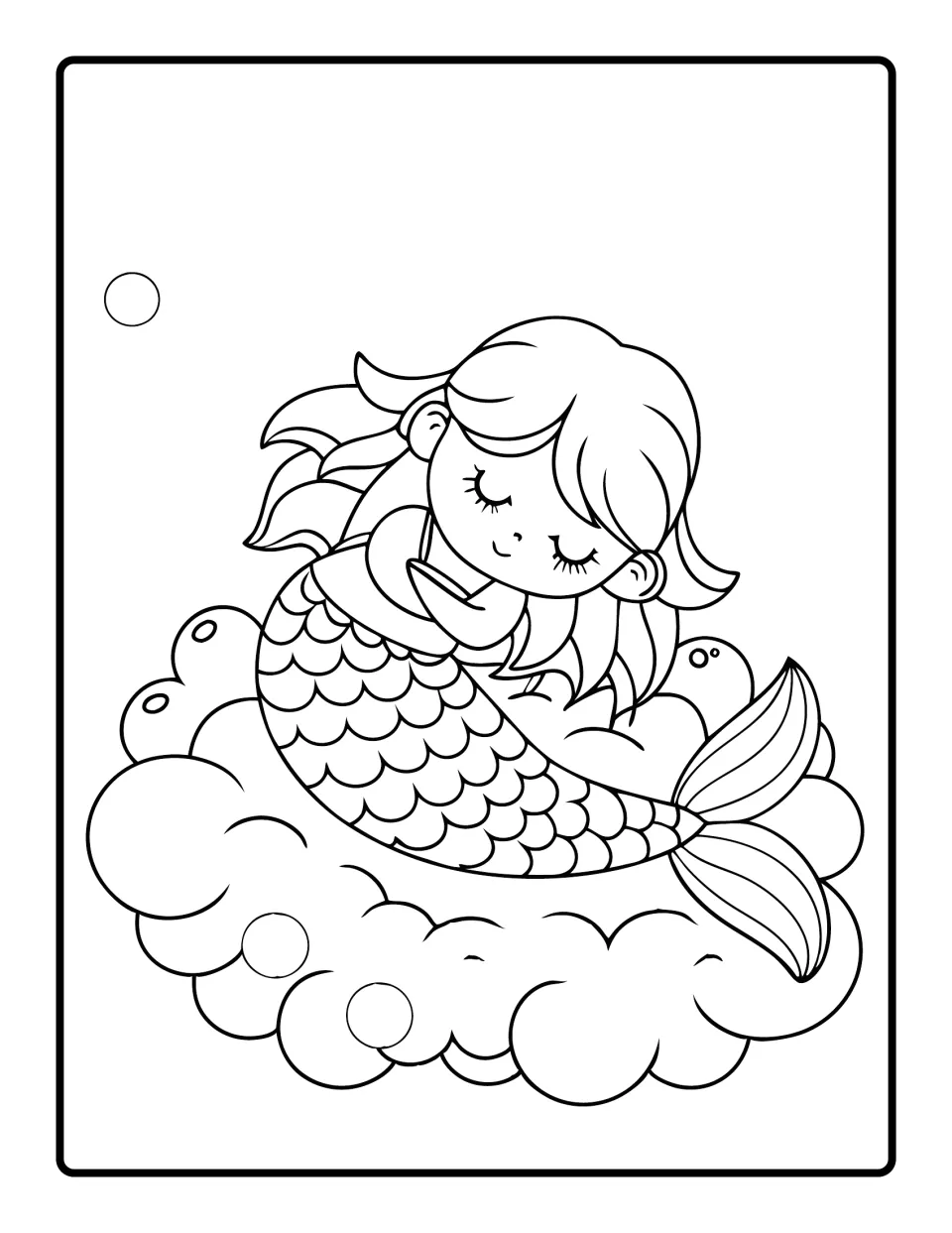 Sleeping mermaid coloring picture: a mermaid with closed eyes curls up to rest on a fluffy cloud, with bubbles nearby