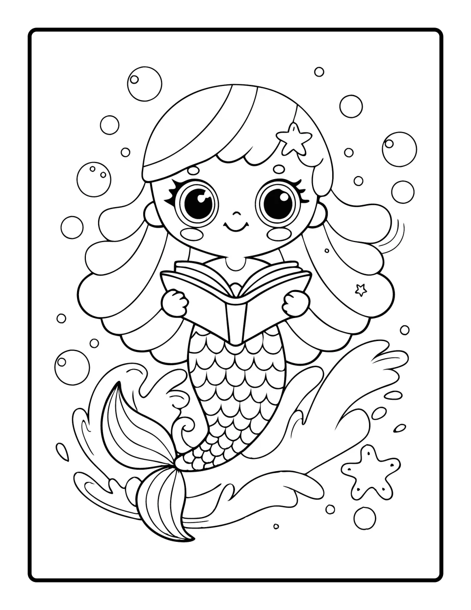 Reading mermaid coloring picture: a big-eyed mermaid holds an open book while riding a splashing wave among bubbles