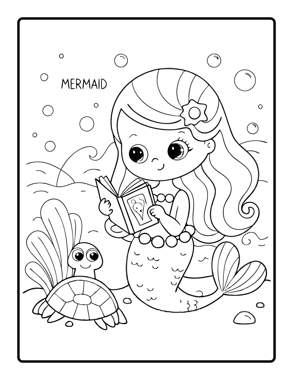 Mermaid and turtle coloring scene labeled MERMAID: a mermaid in a pearl necklace reads a book beside a smiling sea turtle