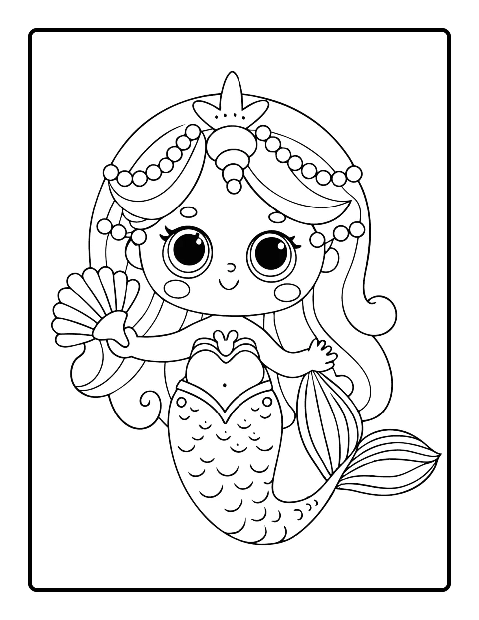 Pearl-crowned mermaid coloring picture: a mermaid in a pearl and shell headpiece holds up a scallop shell
