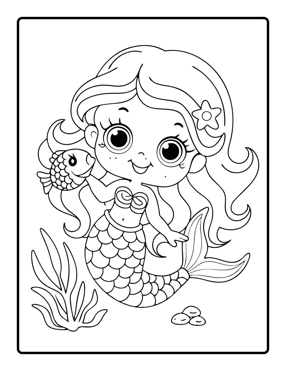 Mermaid and fish friend coloring picture: a smiling mermaid with a starfish hair clip holds a small fish beside seaweed