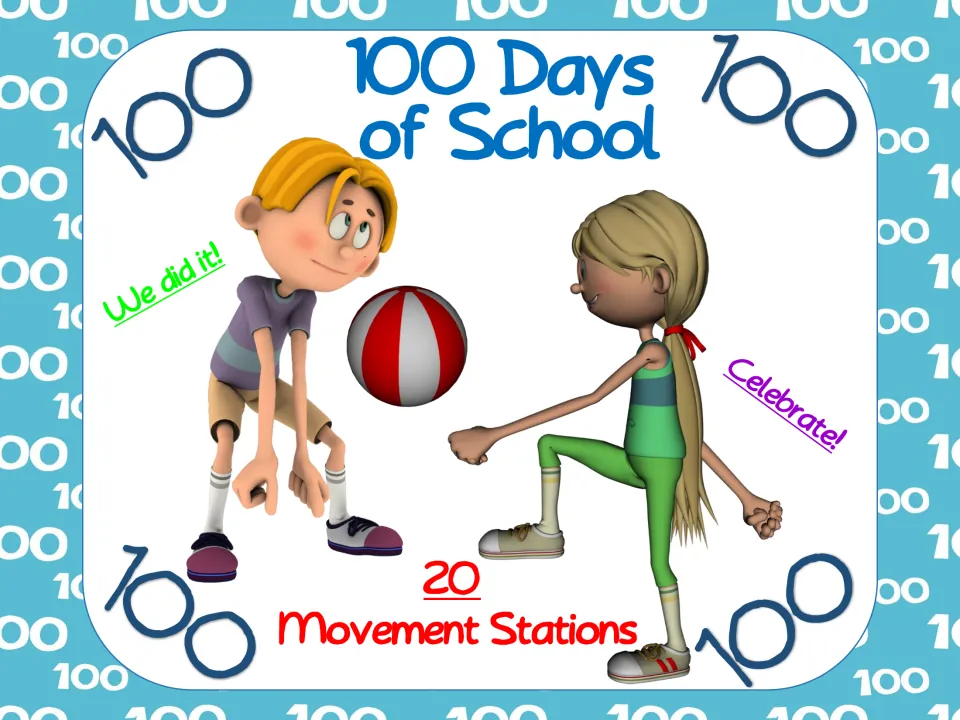 Cover for 100 Day Movement Stations, identifying 20 movement stations for the 100th day of school