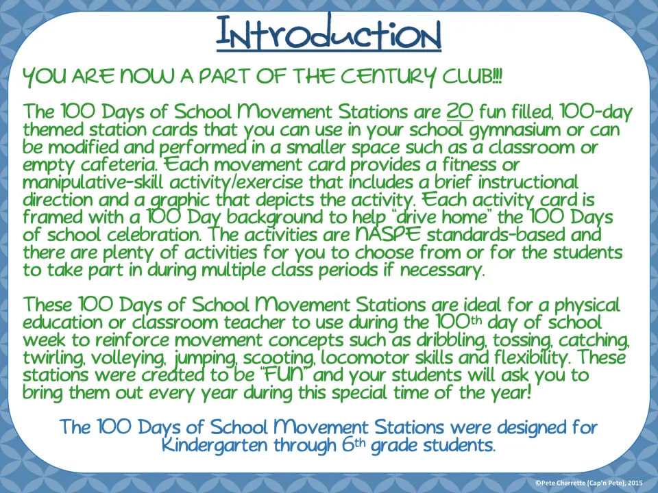 Introduction to 20 movement station cards, explaining activity directions and use in gyms or smaller spaces