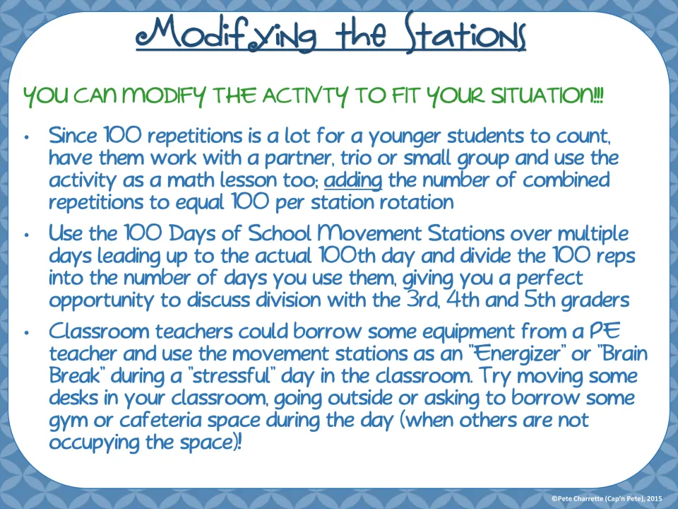 Station modification guide: combine repetitions in groups, spread activities over days, or use brain breaks