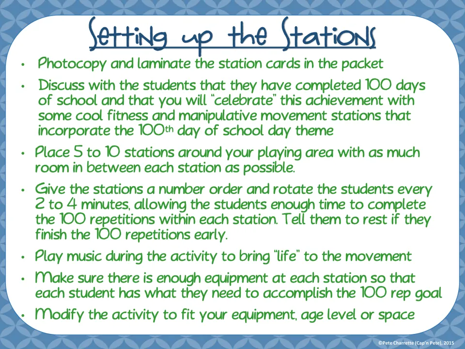 Station setup directions: prepare cards, arrange 5 to 10 stations, and rotate students every 2 to 4 minutes