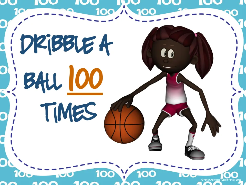 Movement station card directing students to dribble a ball 100 times, illustrated with a basketball dribble