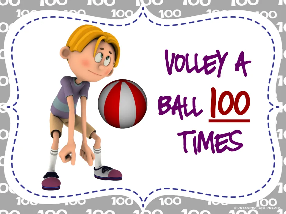 Movement station card directing students to volley a ball 100 times, illustrated with a forearm volley