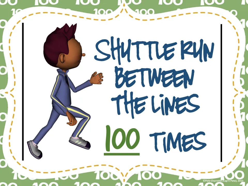 Movement station card directing students to shuttle run between the lines 100 times, with a running example