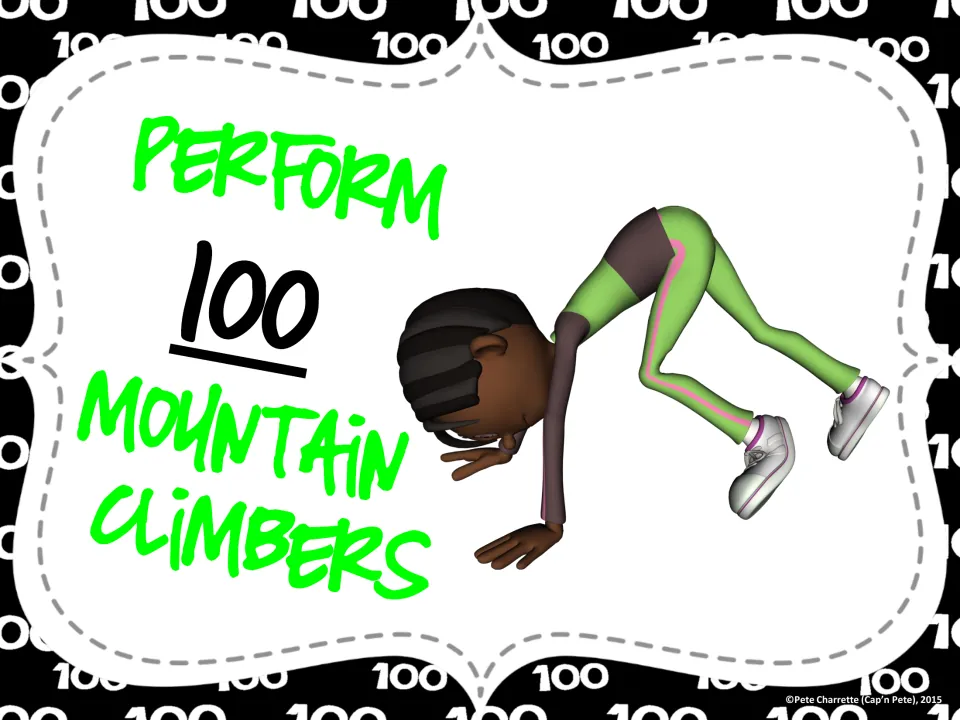 Movement station card directing students to perform 100 mountain climbers, with an illustrated exercise