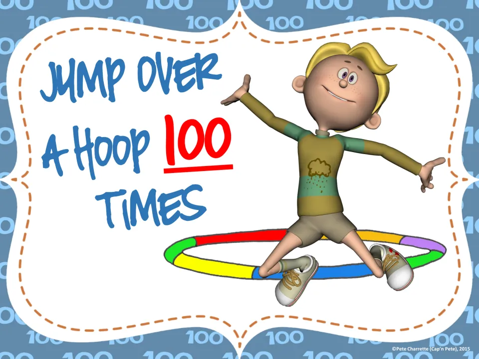 Movement station card directing students to jump over a hoop 100 times, with a child demonstrating the jump