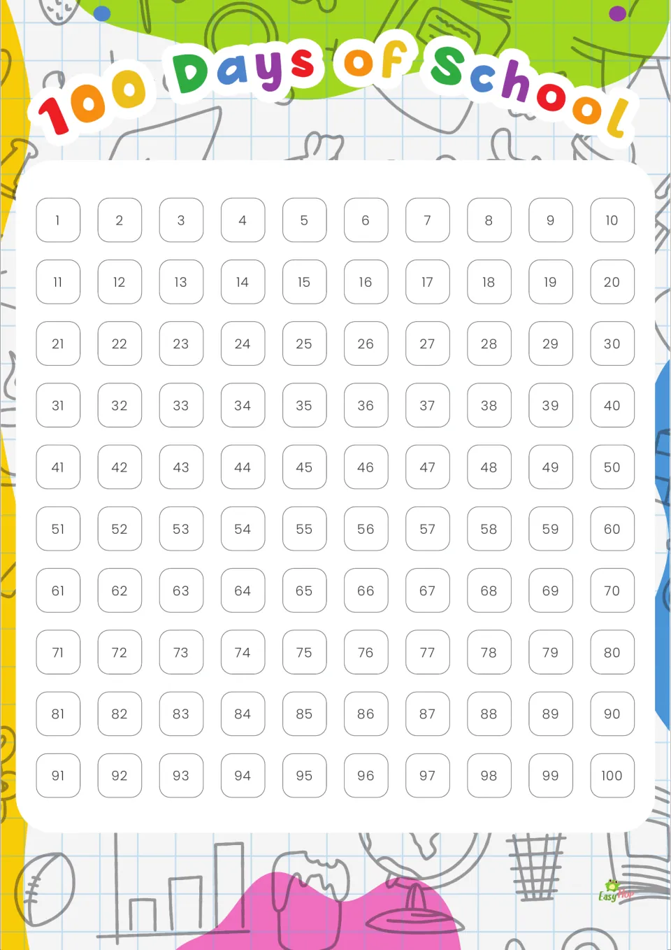 100 Days of School tracking chart: numbers 1 to 100 on colorful school doodles for students to mark off each school day