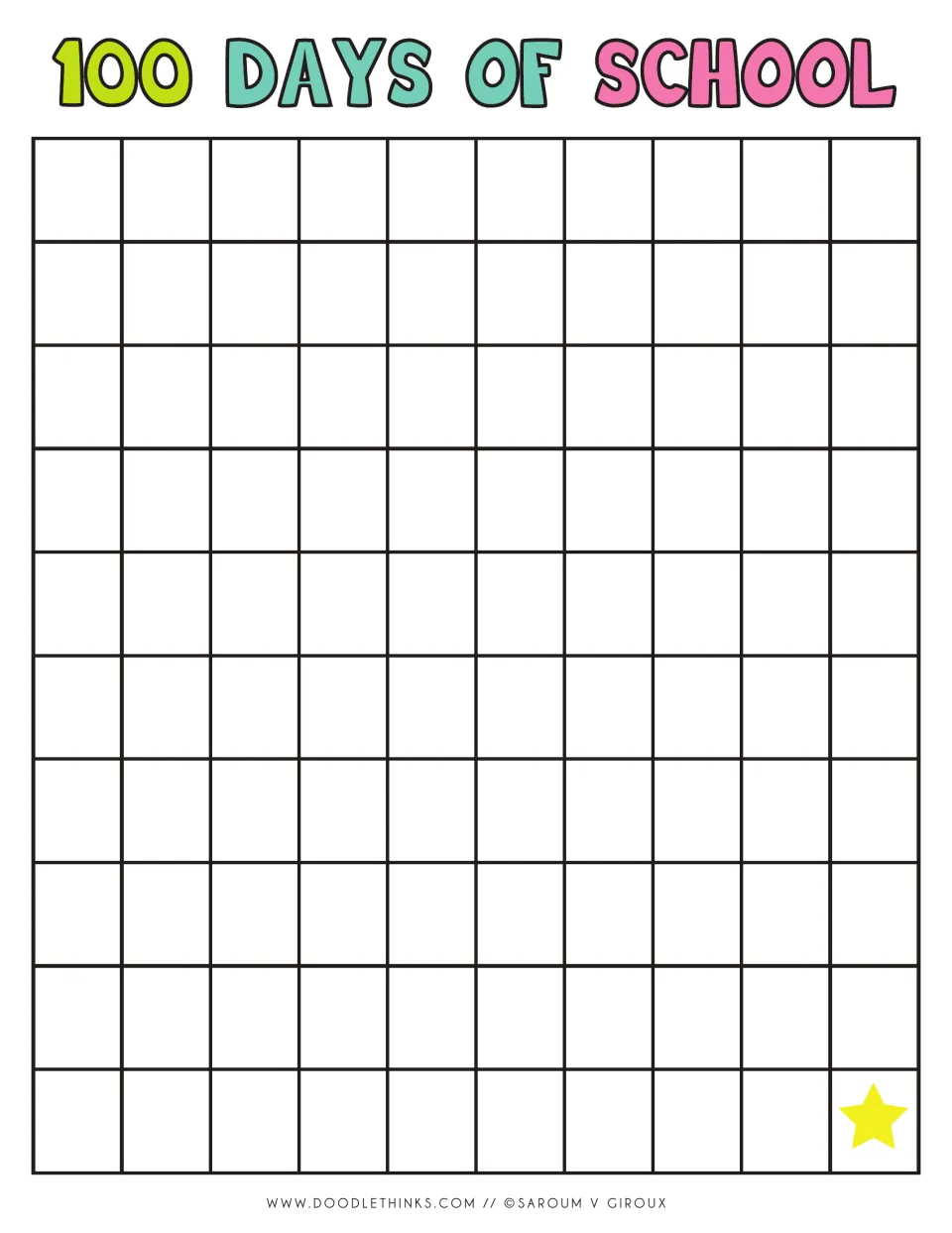 100 Days of School blank hundred chart with a lime, teal and pink heading and a yellow star on 100 for writing numbers 1-100