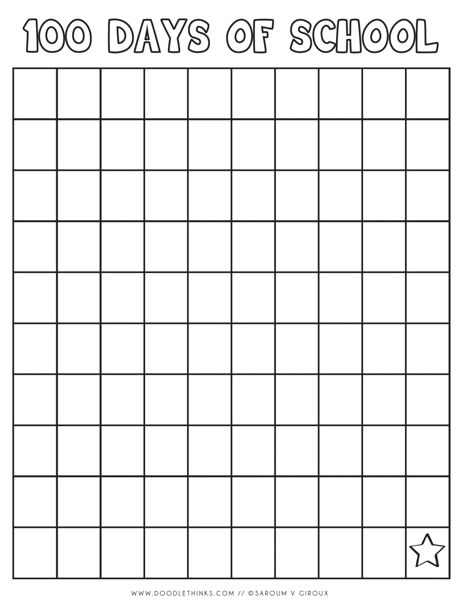 Outline-letter 100 Days of School heading over a blank hundred chart; students color the title and count up to a star at 100