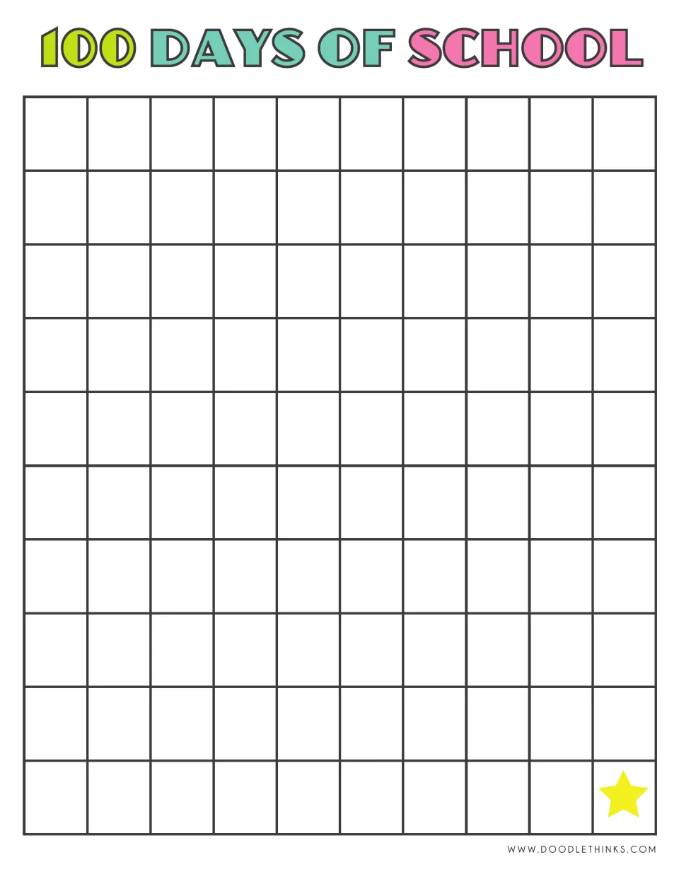 Blank 100-day chart with an inline-letter 100 Days of School heading in lime, teal and pink and a yellow star at day 100
