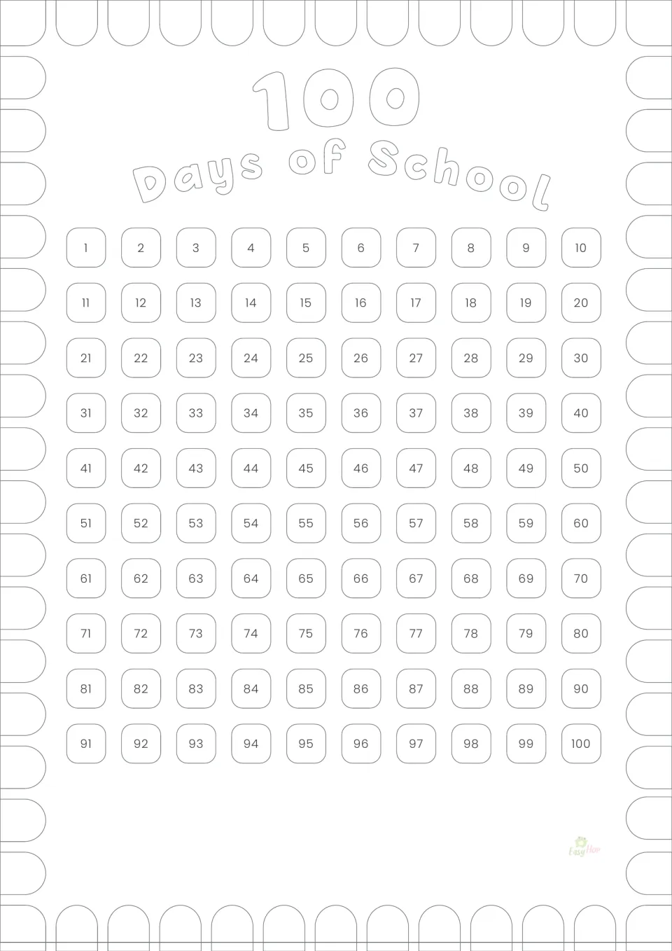 Black-and-white school day tracker: students color the title, trim and each number from 1 to 100 as school days pass
