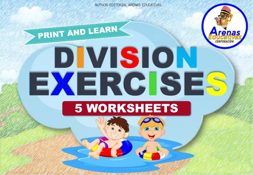 Division Exercises cover, 5 worksheets from Arenas Educativas, with a Print and Learn banner and two kids in a pool