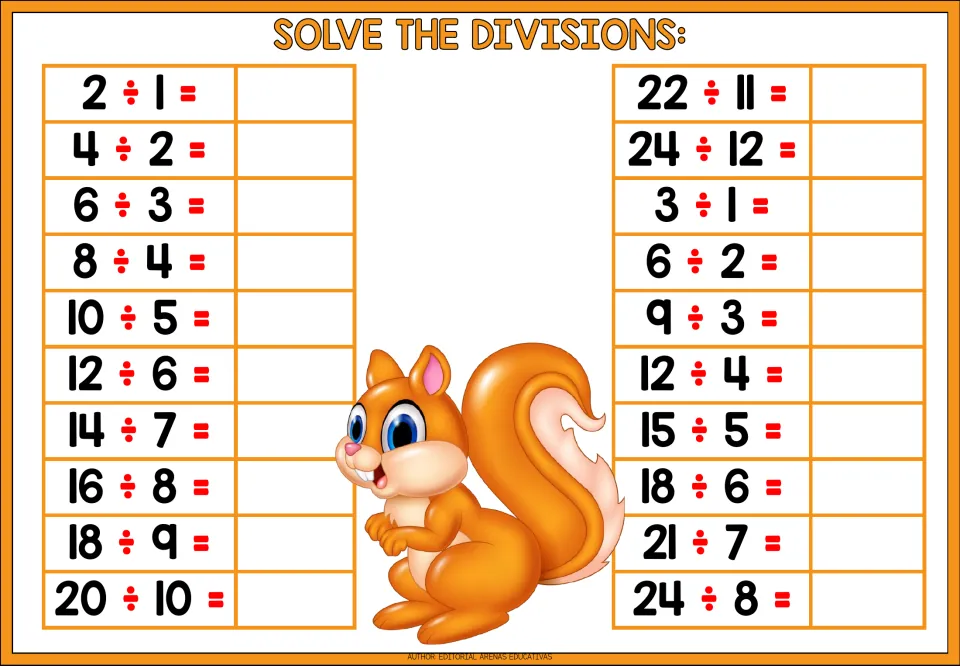 Solve the divisions: students find 20 quotients, from 2 ÷ 1 to 24 ÷ 12 and 3 ÷ 1 to 24 ÷ 8, dividing by 1 through 12