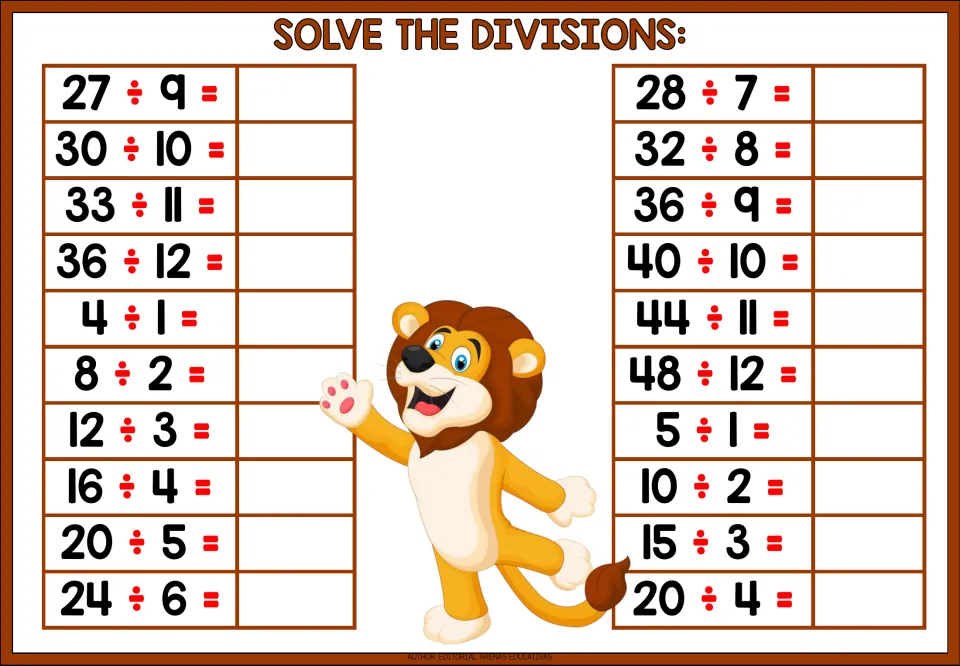 Division facts practice: students solve 20 problems such as 27 ÷ 9, 36 ÷ 12, 48 ÷ 12 and 20 ÷ 4, writing each quotient