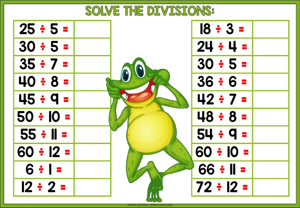 Dividing to find quotients of 5 and 6: students solve 20 facts such as 25 ÷ 5, 60 ÷ 12, 42 ÷ 7 and 72 ÷ 12