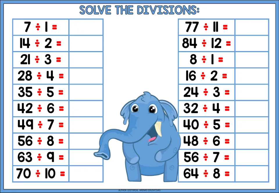 Quotients of 7 and 8: students solve 20 division facts such as 49 ÷ 7, 84 ÷ 12, 16 ÷ 2 and 64 ÷ 8 and write each answer