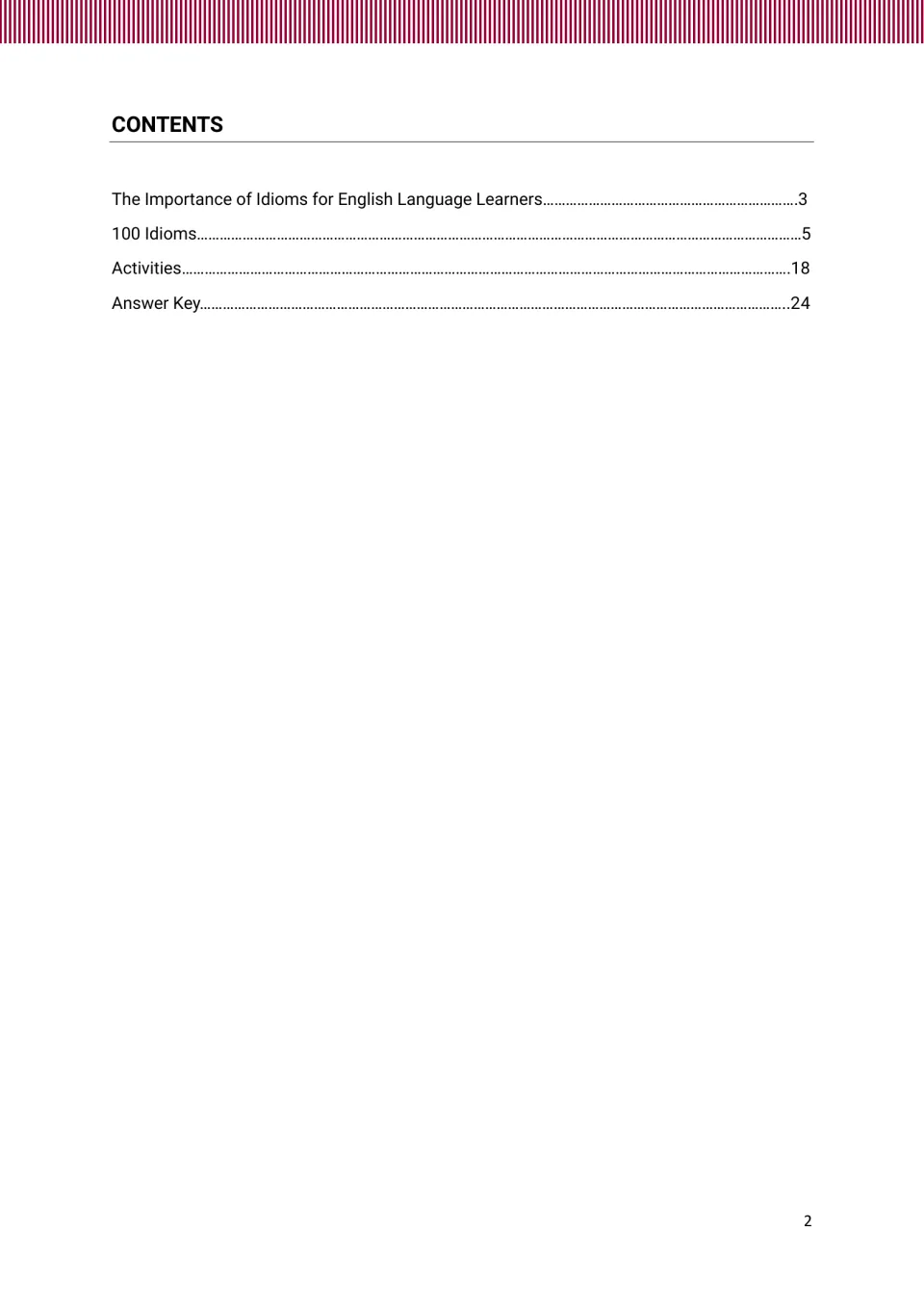 Contents for the idiom book: introduction on page 3, 100 idioms on page 5, activities on 18, and key on 24