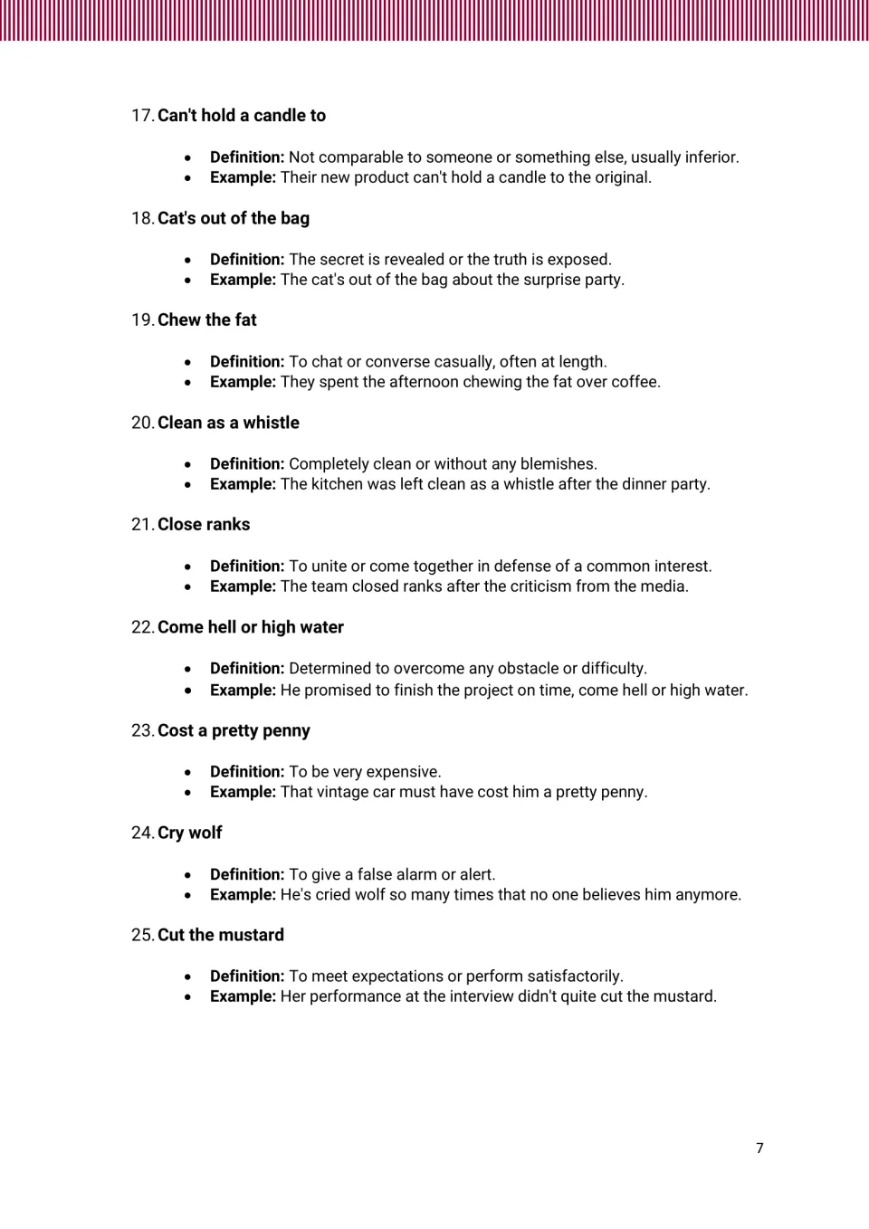 Idiom entries 17–25, from 'Can't hold a candle to' to 'Cut the mustard,' with definitions and examples