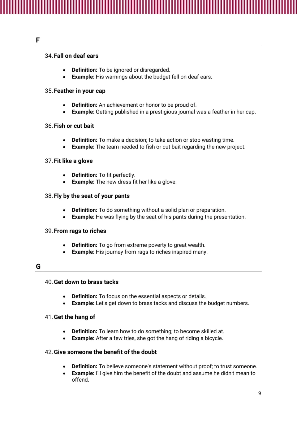 Idiom entries 34–42, from 'Fall on deaf ears' to 'Give someone the benefit of the doubt,' with examples