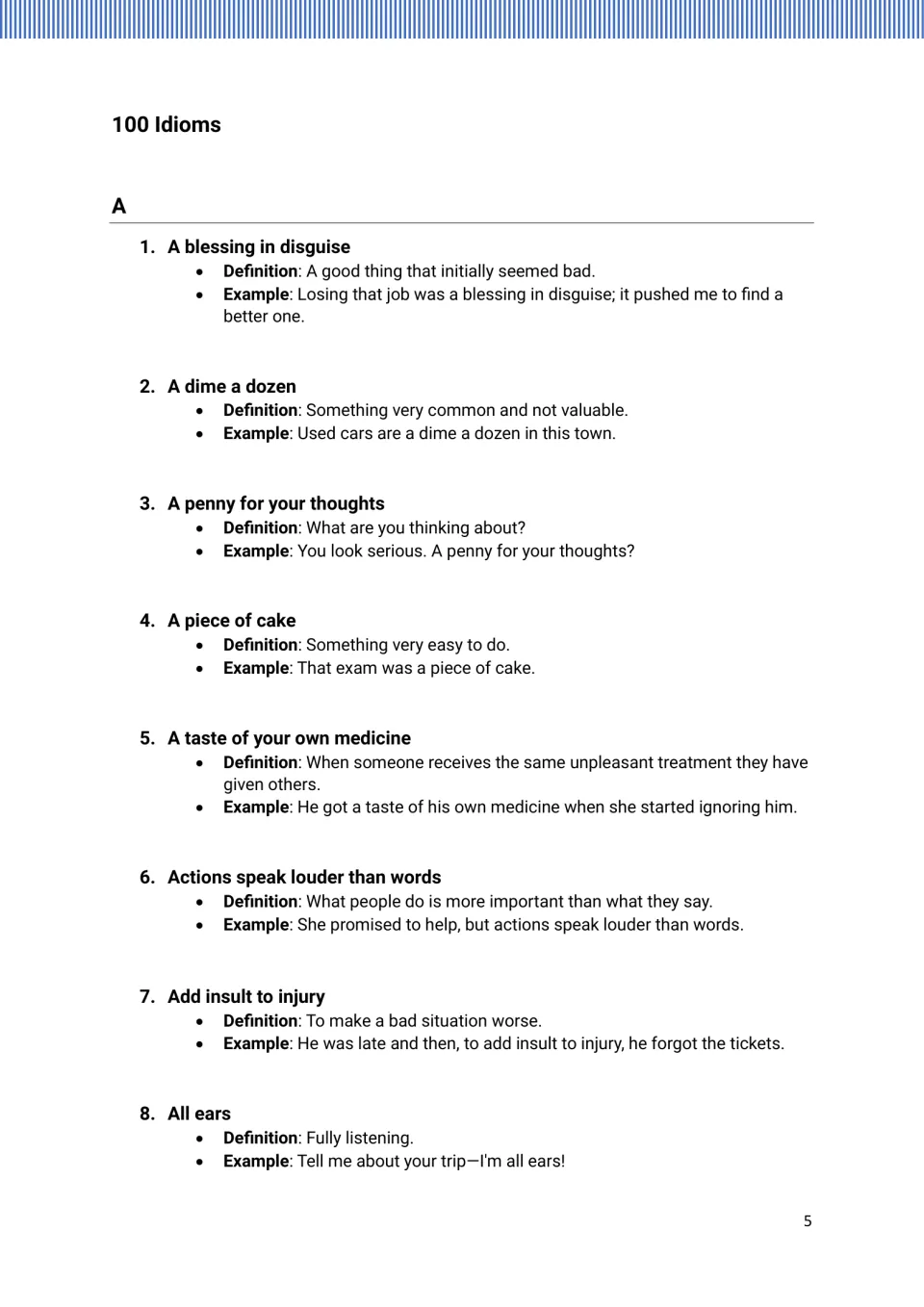 Idiom entries 1–8 with definitions and examples, from “A blessing in disguise” through “All ears”