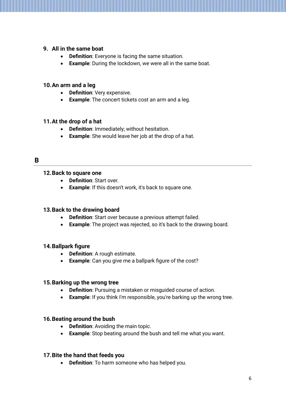 Idiom entries 9–17, from “All in the same boat” to “Bite the hand that feeds you,” ending with its definition