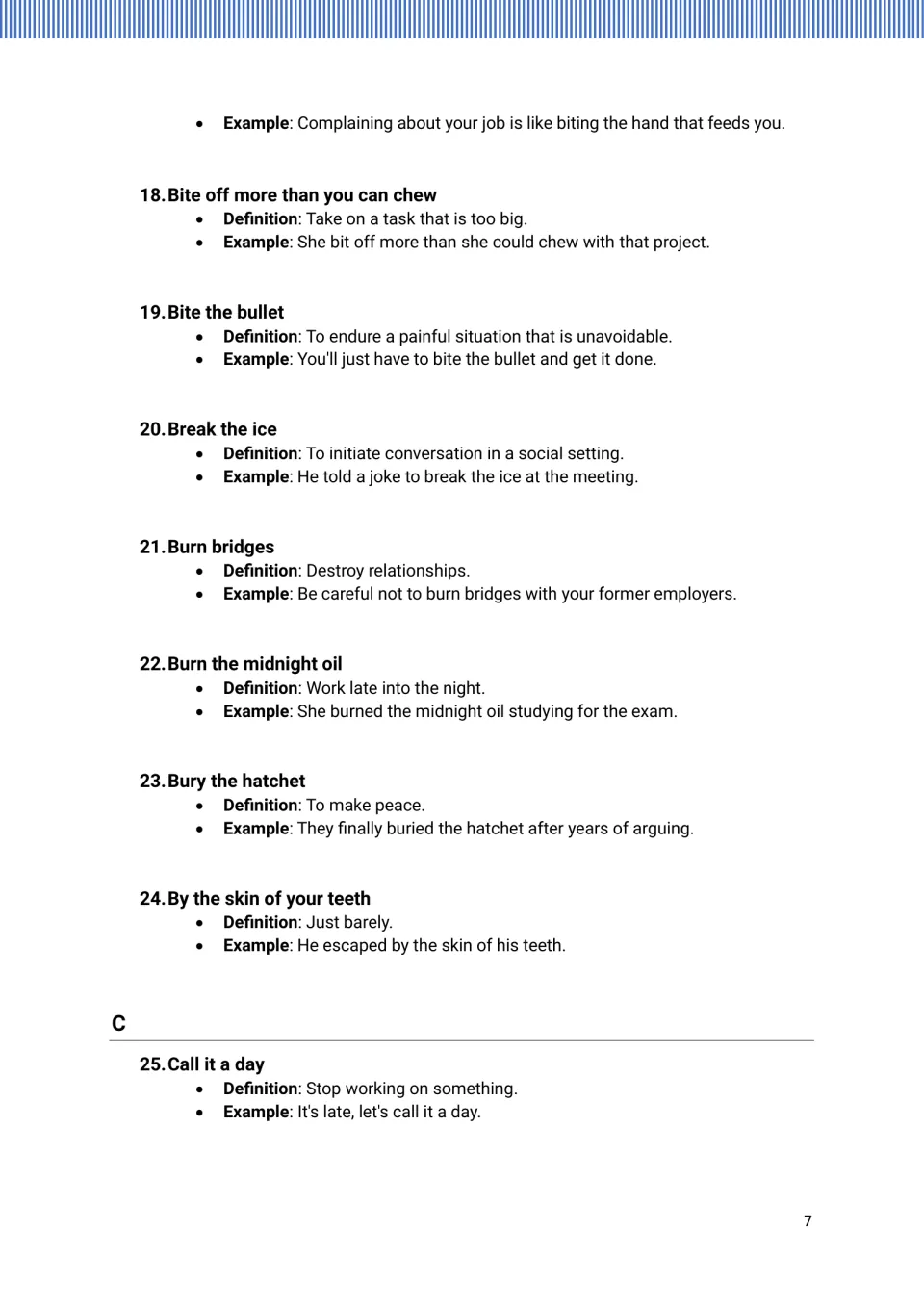 Idiom 17’s example continues before entries 18–25, from “Bite off more than you can chew” to “Call it a day”