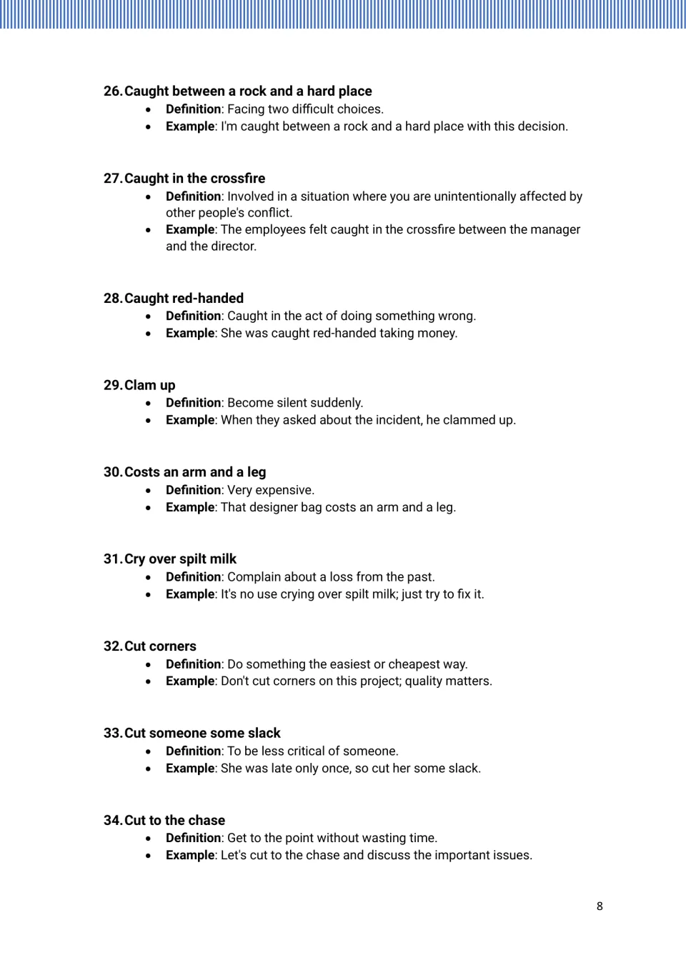 Idiom entries 26–34 with meanings and examples, from “Caught between a rock and a hard place” to “Cut to the chase”