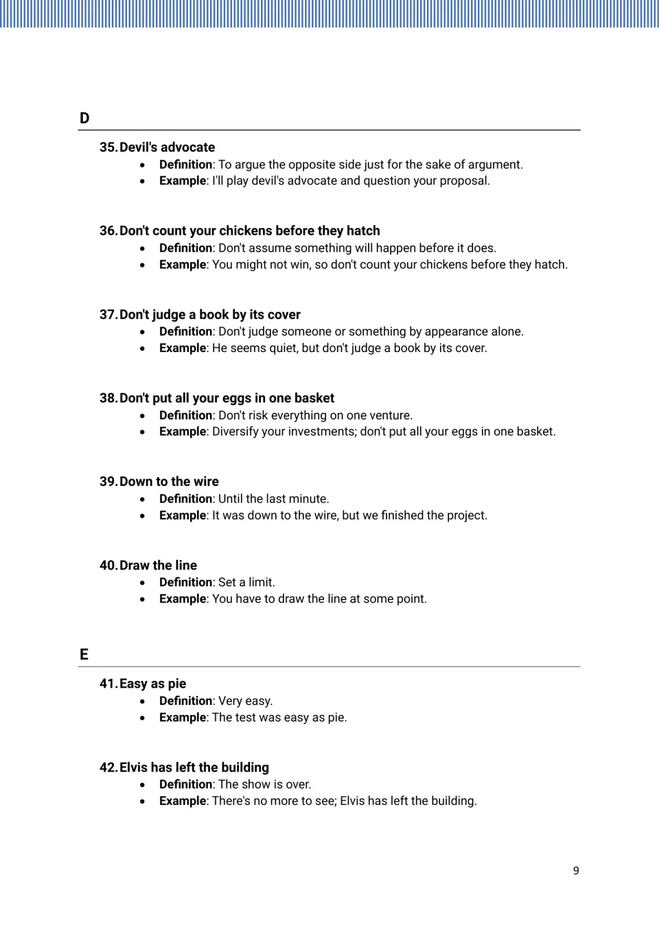 Idiom entries 35–42 with definitions and examples, from “Devil’s advocate” to “Elvis has left the building”