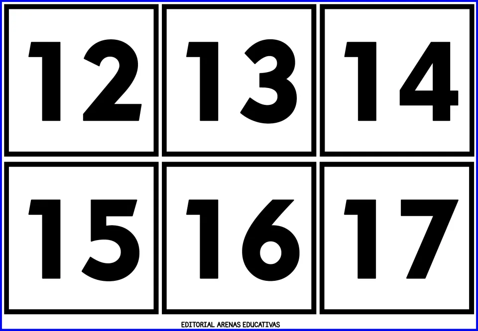 Number cards 12 to 17: six bold black teen numerals for students to identify, say aloud and put in counting order