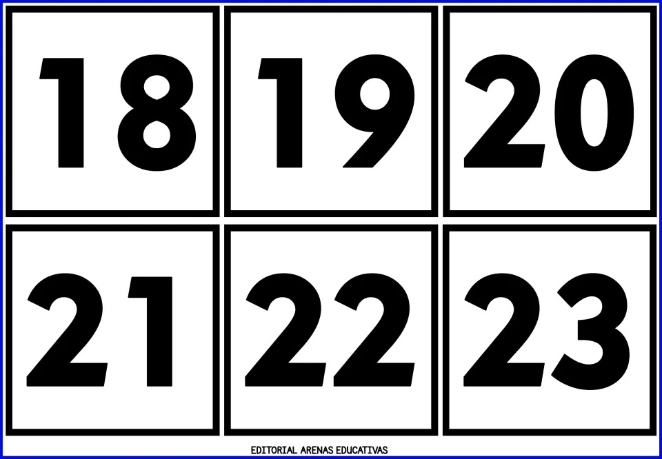 Number cards 18 to 23: six bold black numerals crossing from the teens into the twenties for recognition and sequencing