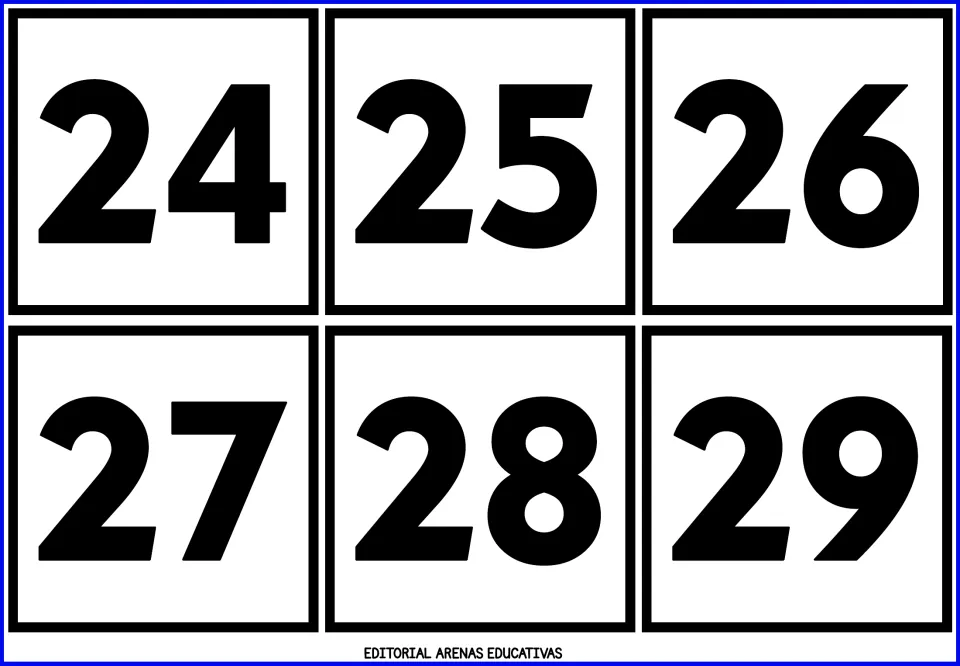 Number cards 24 to 29: six bold black numerals in the twenties for students to name, match and order while counting on