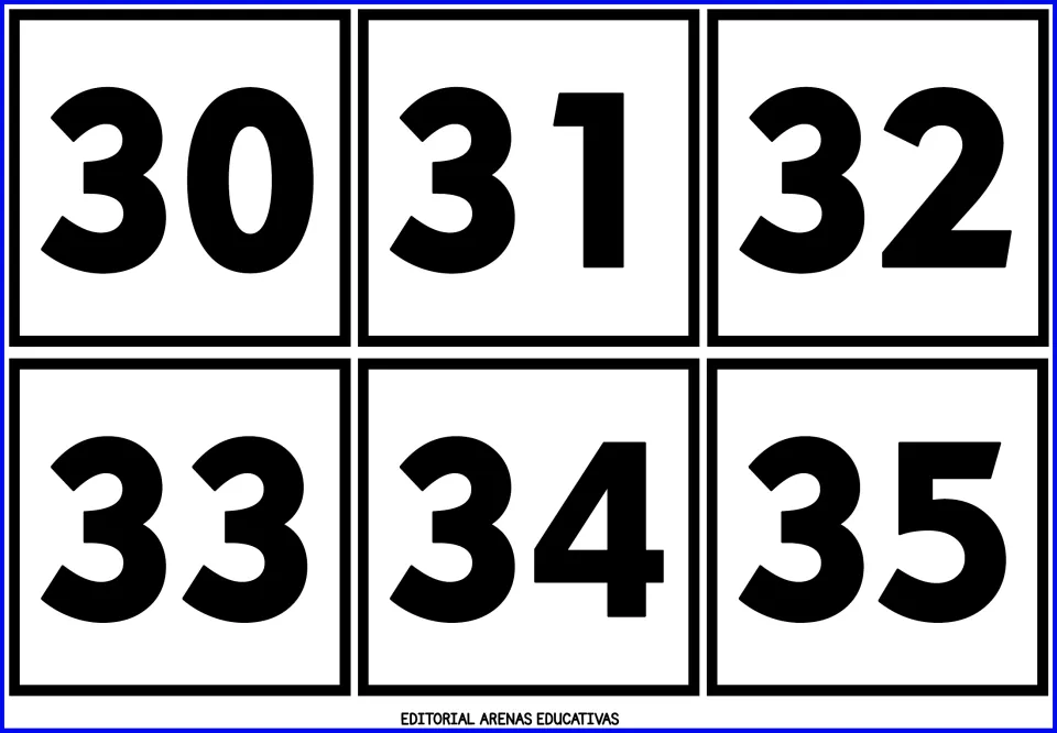 Number cards 30 to 35: six bold black numerals starting the thirties, for reading two-digit numbers and counting forward