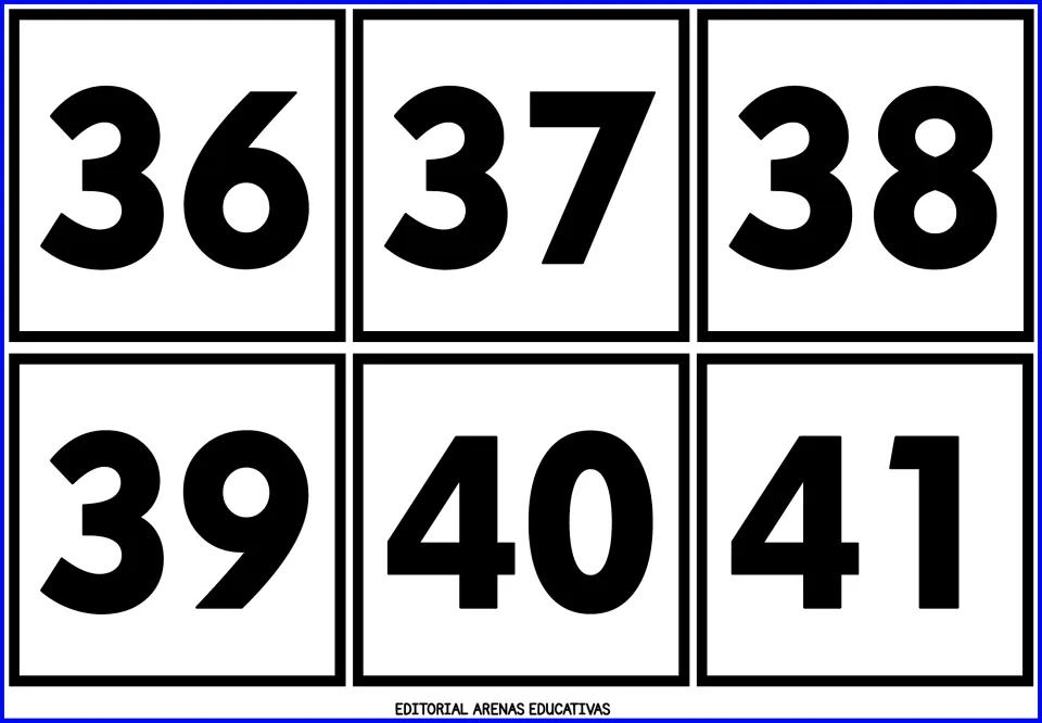 Number cards 36 to 41: six bold black numerals from the late thirties into the forties for recognition and ordering