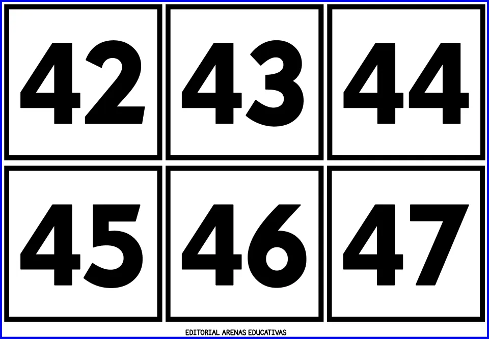 Number cards 42 to 47: six bold black numerals in the forties for students to read aloud and arrange in counting order