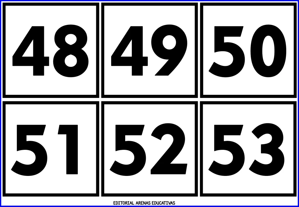 Number cards 48 to 53: six bold black numerals crossing from the forties into the fifties for recognition and sequencing