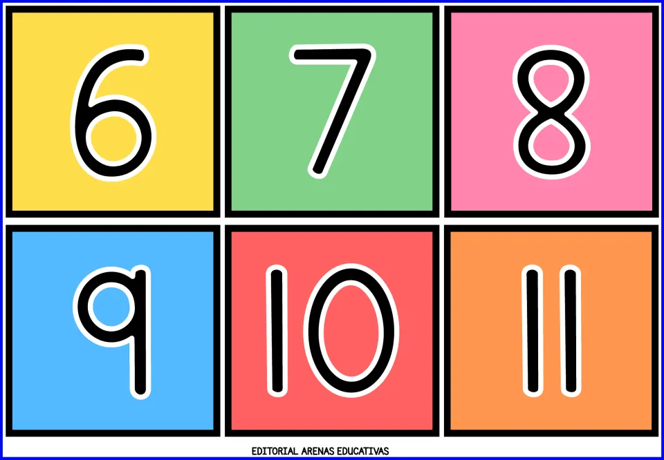 Number flashcards 6–11: six color cards showing 6, 7, 8, 9, 10, and 11 from the printable math resource.