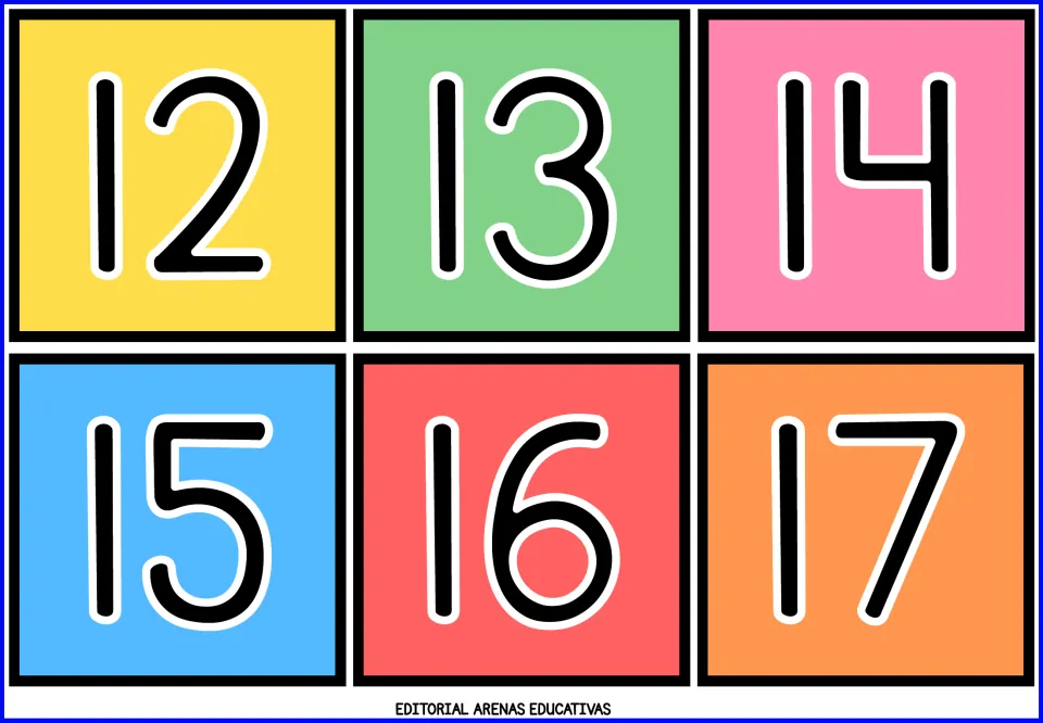 Number flashcards 12–17: six color cards showing 12, 13, 14, 15, 16, and 17 from the printable math resource.
