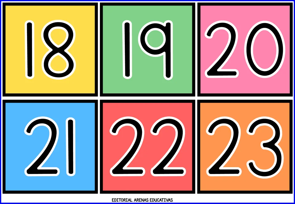 Number flashcards 18–23: six color cards showing 18, 19, 20, 21, 22, and 23 from the printable math resource.
