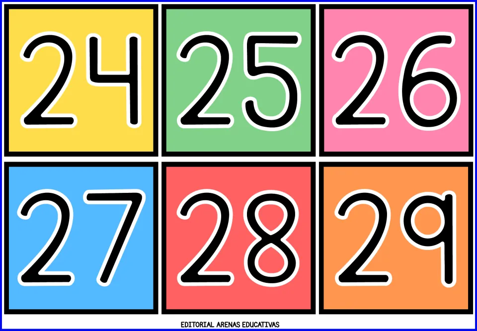 Number flashcards 24–29: six color cards showing 24, 25, 26, 27, 28, and 29 from the printable math resource.