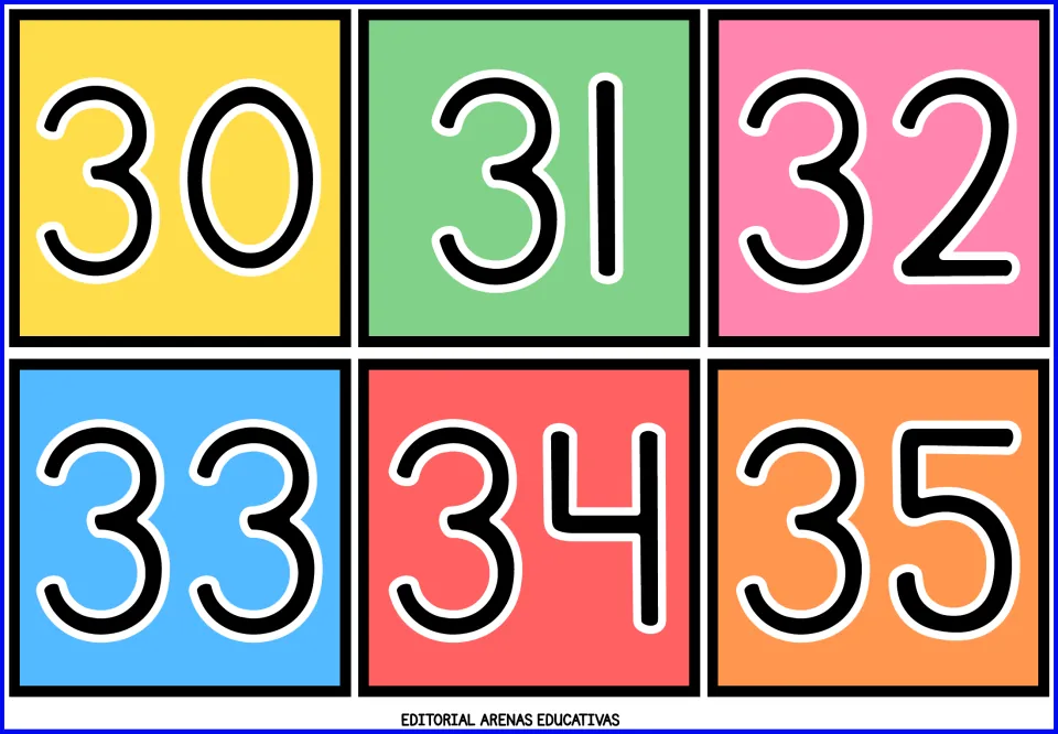Number flashcards 30–35: six color cards showing 30, 31, 32, 33, 34, and 35 from the printable math resource.