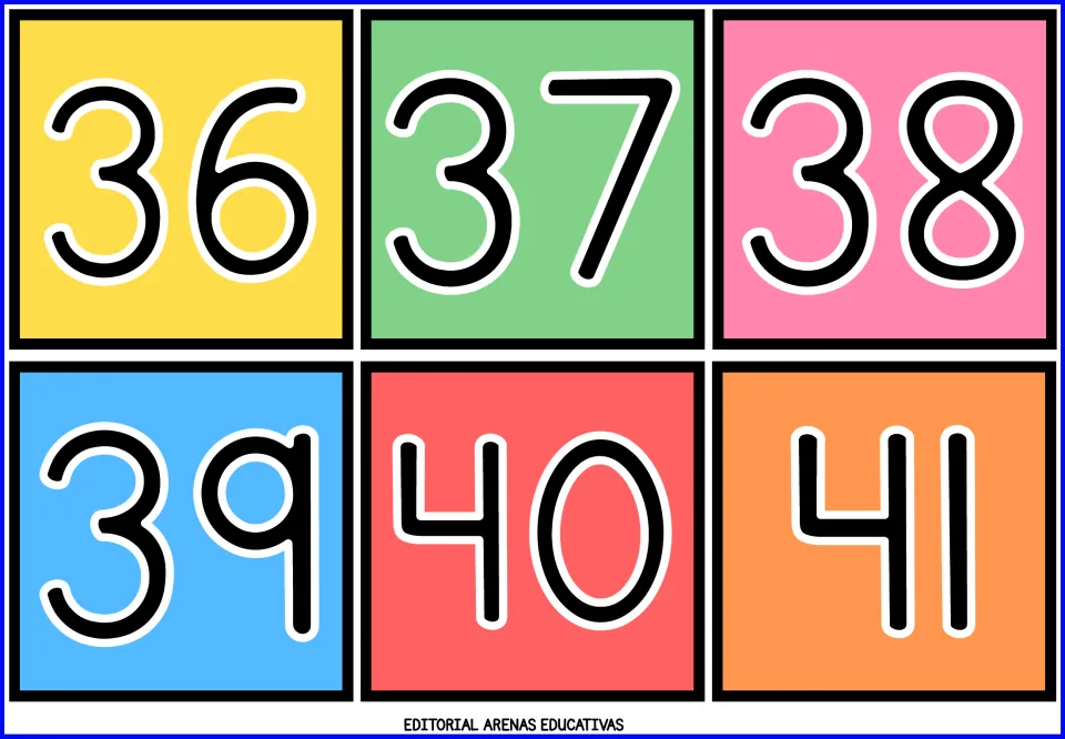 Number flashcards 36–41: six color cards showing 36, 37, 38, 39, 40, and 41 from the printable math resource.