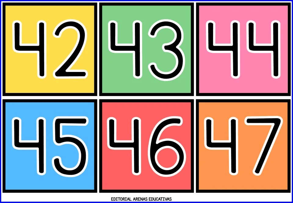 Number flashcards 42–47: six color cards showing 42, 43, 44, 45, 46, and 47 from the printable math resource.